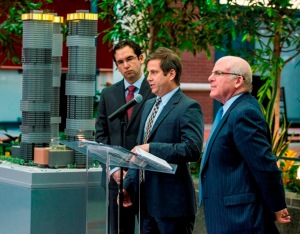 From left to right – Jersey City Mayor Steven Fulop, Ironstate Development Company President David Barry, and Mack-Cali President and Chief Executive Officer Mitchell E. Hersh.